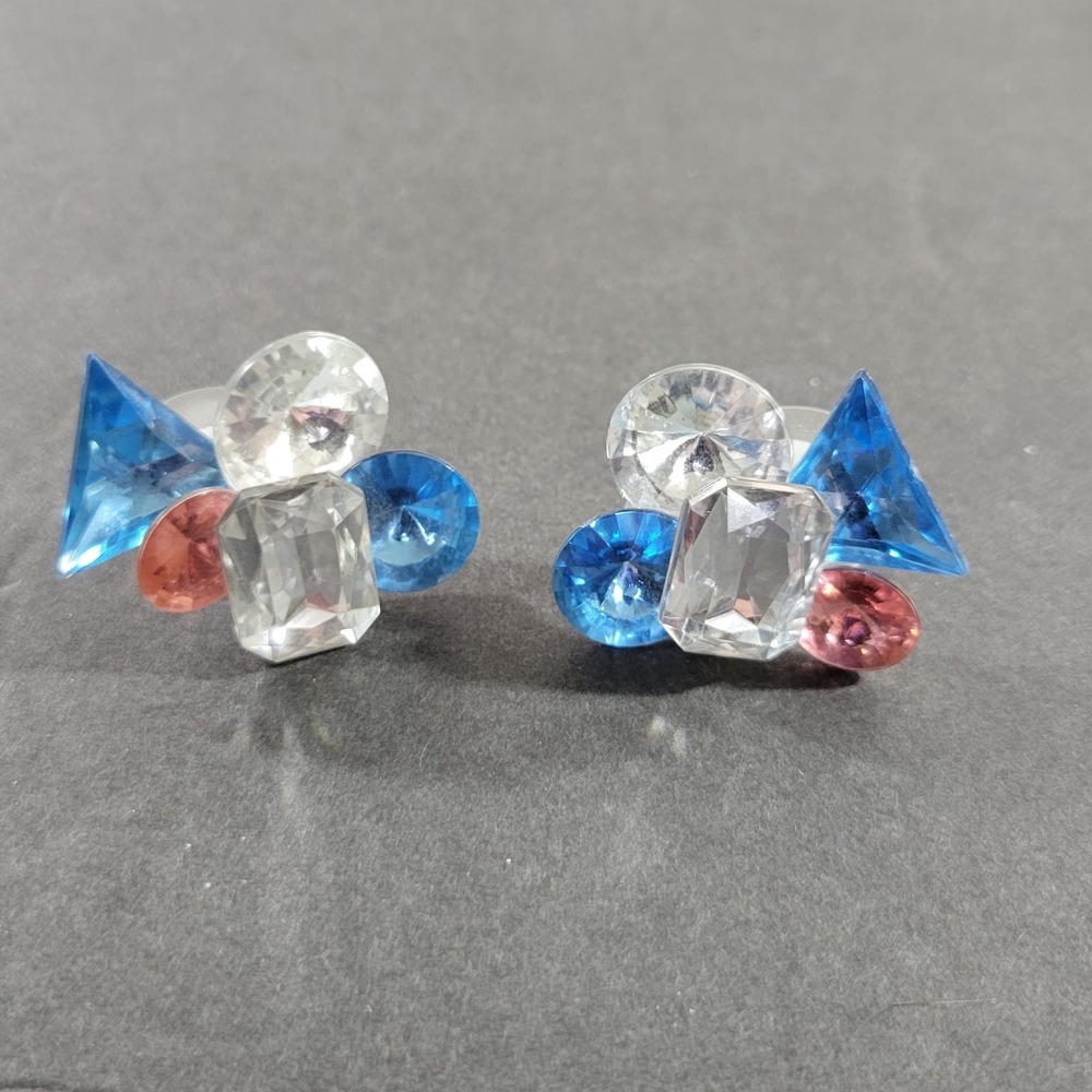 Vintge Faux Crystal Earrigns Post Clear Blue Pink Large Gaudy Sparkly 1.25"